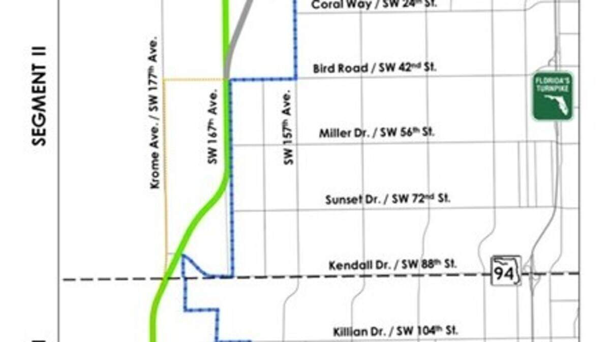 This image shows the original plan for the 14-mile Kendall Parkway, which would have extended the 836 Expressway into Southwest Miami-Dade. The red arrow depicts the approximate endpoint of a four-mile 836 extension as approved by the Greater Miami Expressway Agency on June 11, 2026.